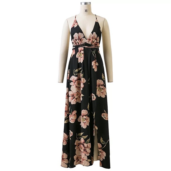 NEW Black Floral V-neck Crossback Strap Maxi Dress - Picture 4 of 8